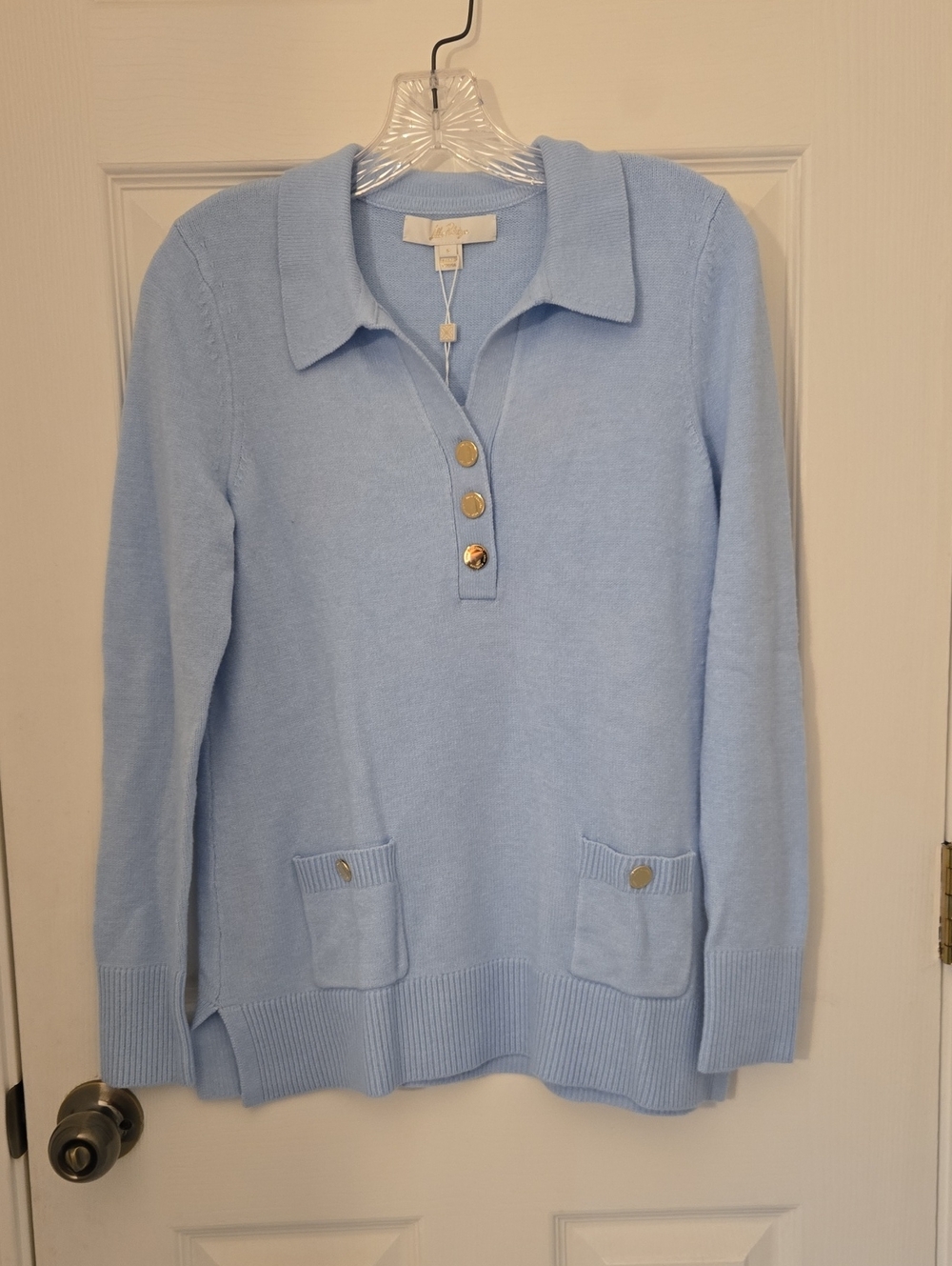 Lilly Pulitzer Light Blue V-Neck Collared Sweater with Gold Buttons